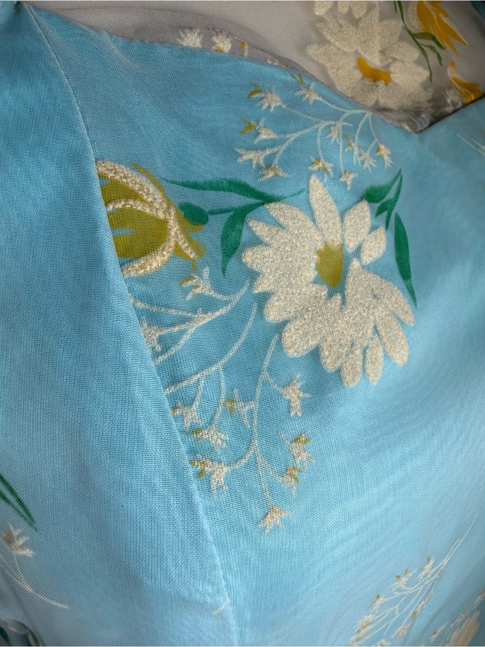Vintage 60s Sky Blue Prairie Flocked Daisy Floral Ruffled Maxi Dress SMALL EUC - Picture 5 of 16